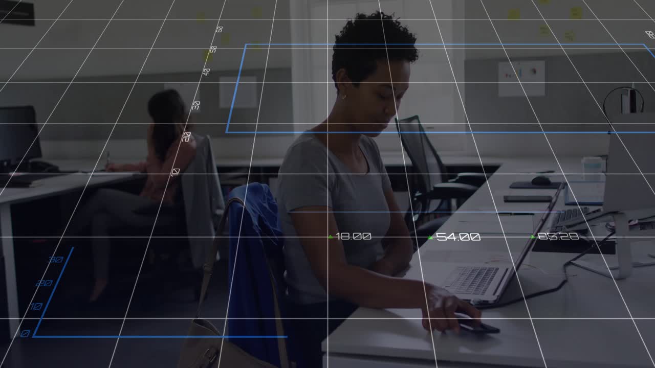 woman using smartphone at office desk, displaying business data via holographic charts