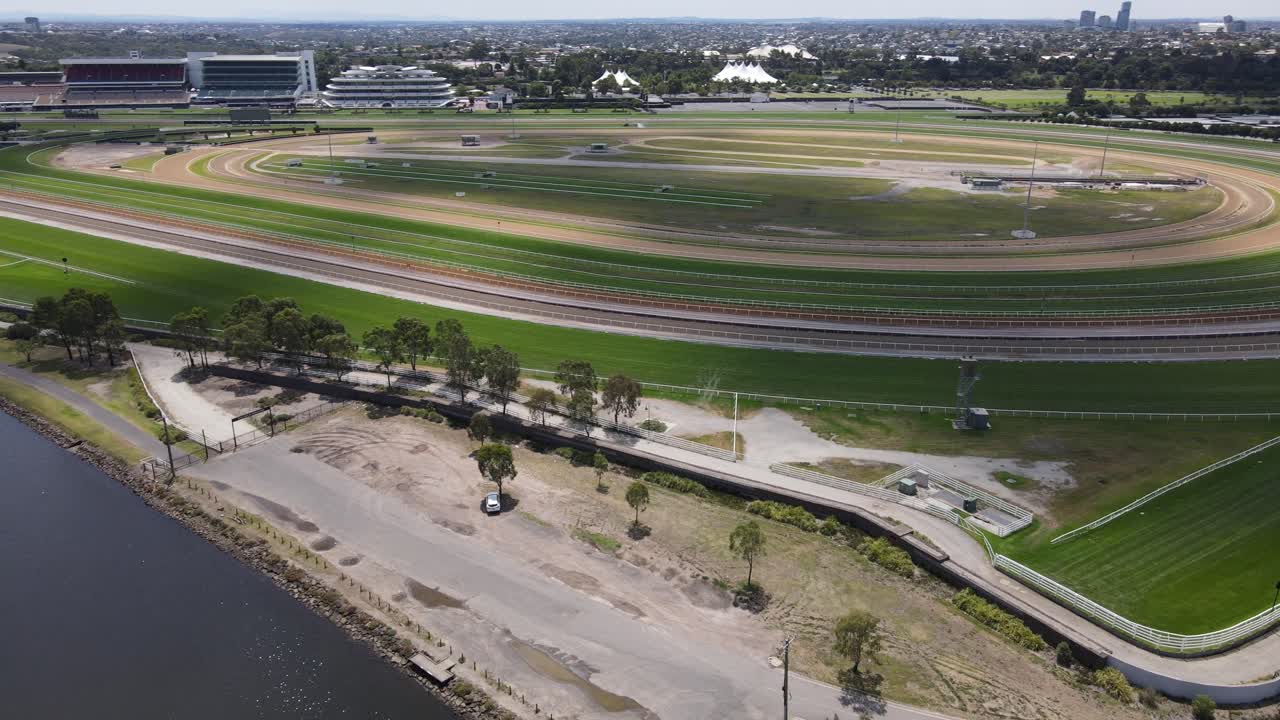 Aerial drone captures Flemington Racecourse in Melbourne on a bright summer day