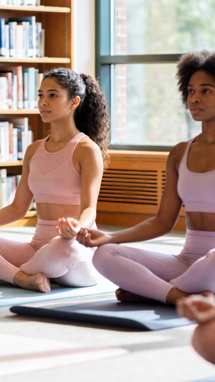 Video verticale: Inizio sessione, due donne in abbigliamento da yoga che si tengono per mano per la calma in biblioteca su tappetini.