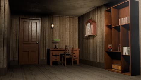 animación 3d de una habitación de madera de estilo anticuado en una casa