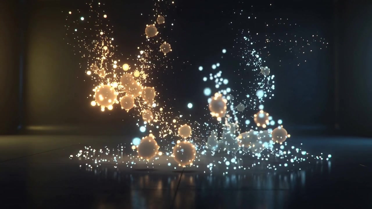 Avvio della simulazione con due flussi luminosi che si curvano verso l'interno, creando un bagliore caldo-freddo e formando sfere e scintille.