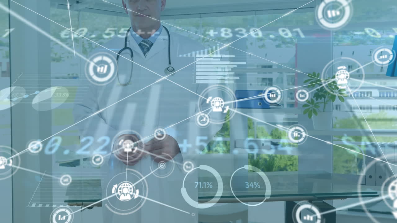 연락처 및 금융 데이터의 애니메이션 행복한 백인 고위 남성 의사