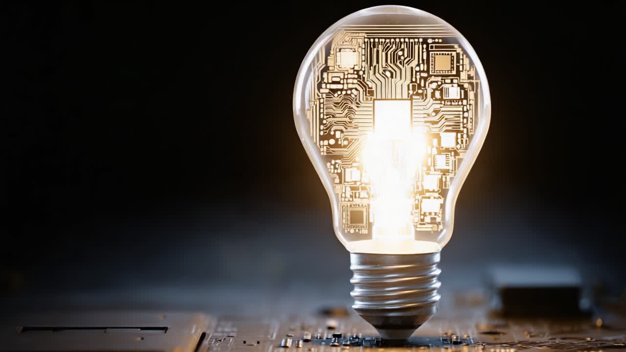Innovazione illuminante: una lampadina con circuiti all'interno, che mostra la fusione di tecnologia e creatività in un'era digitale sofisticata.