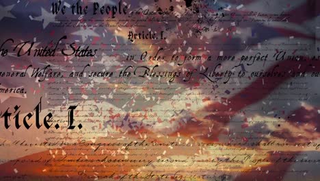 written constitution of the united states and flag with confetti