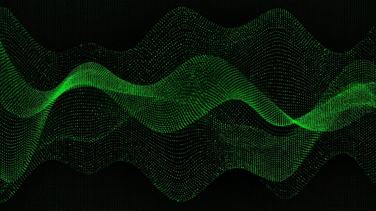 Neon Green Waveforms Undulating On Black, Dynamic Particle Grid Ripples Like Sound Visualization With Pulsing