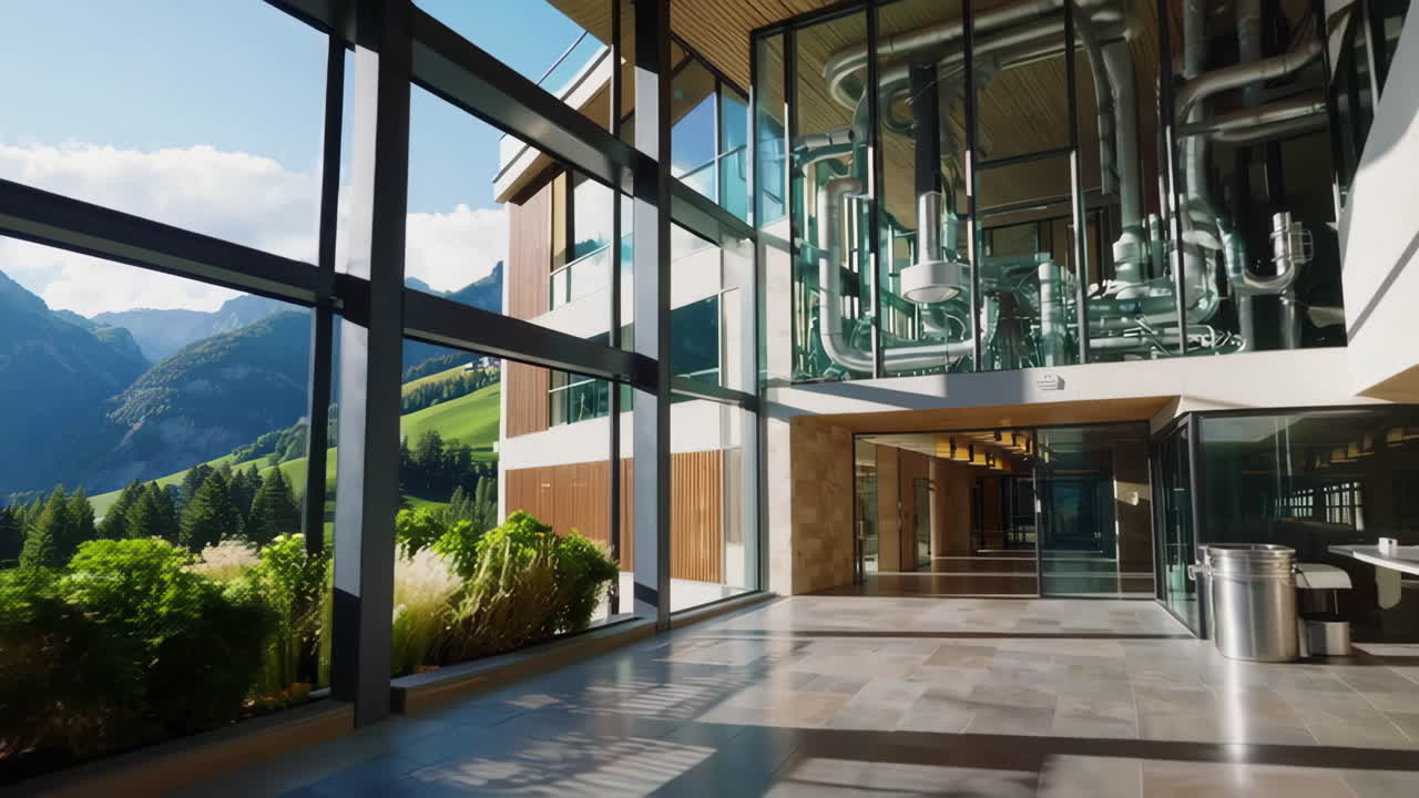 Modern Office Building with Mountain Views and Industrial Design