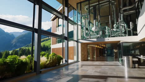 modern office building with mountain views and industrial design