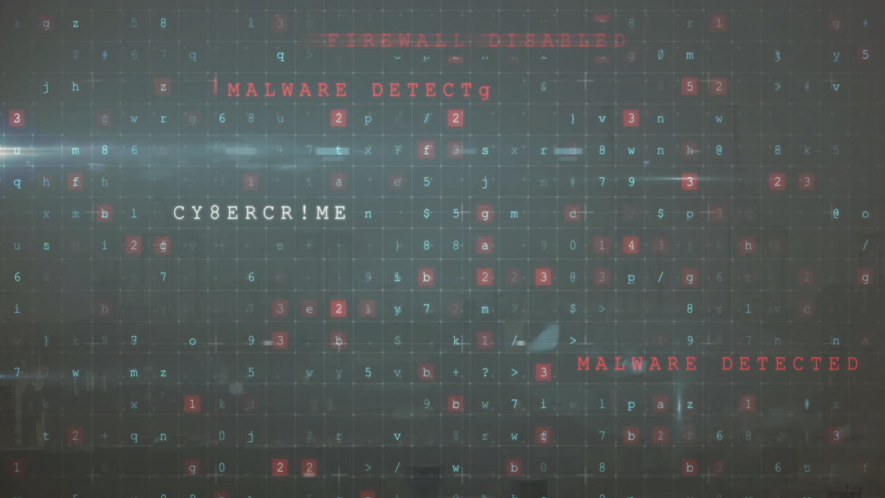 Full?frame digital grid glowing with floating red warnings and glitches in animated illustration