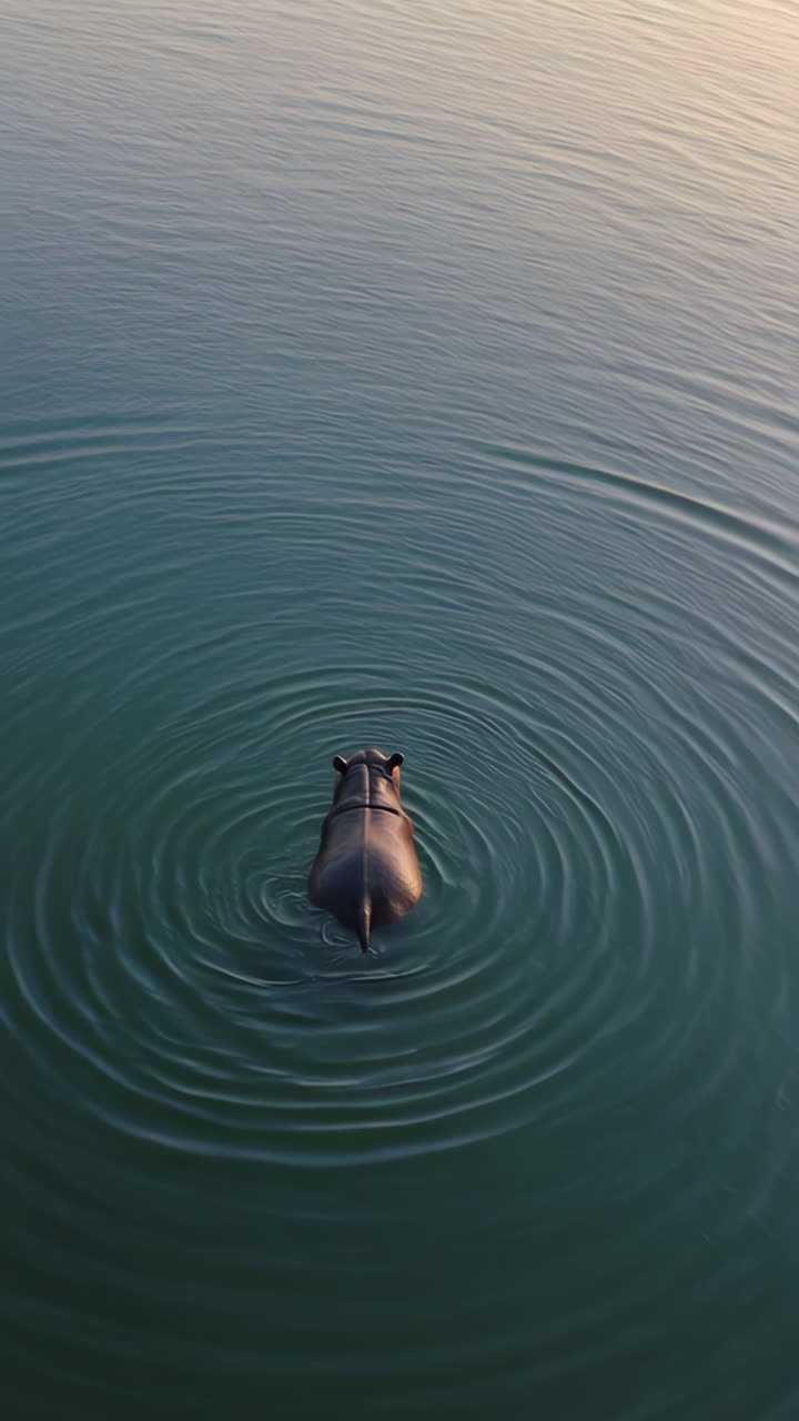 Hippo Swimming in Calm Water with Ripples
