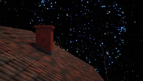 animation of fireworks exploding over roof and chimney