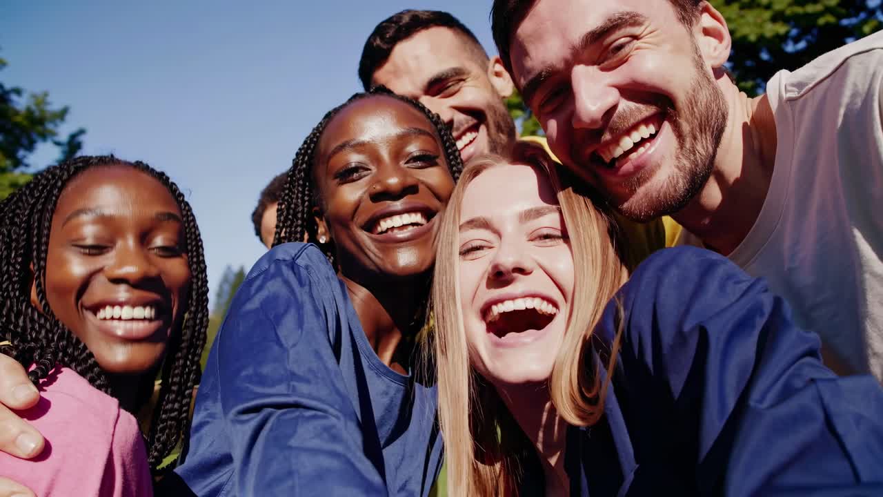 Een levendige, vrolijke groepsselfie vanuit een lage hoek, waarop verschillende lachende vrienden te zien zijn