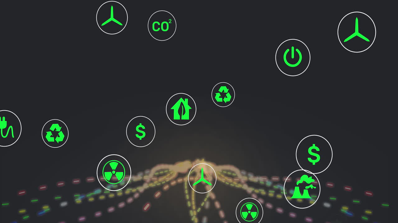 검은 바탕에 반이는 빛의 흔적 위에 떠다니는 여러 디지털 아이콘의 애니메이션