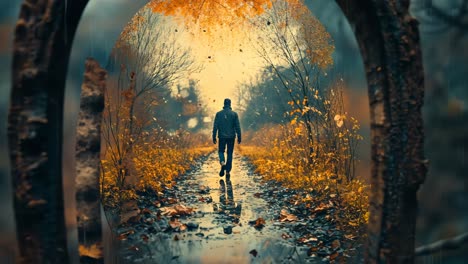 person walking through a colorful autumn path in a forest setting