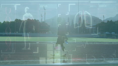 animation of medical data processing over disabled male athlete with running blades on racing track