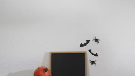 Video-of-frame-with-copy-space,-halloween-decorations-and-pumpkin-on-white-background