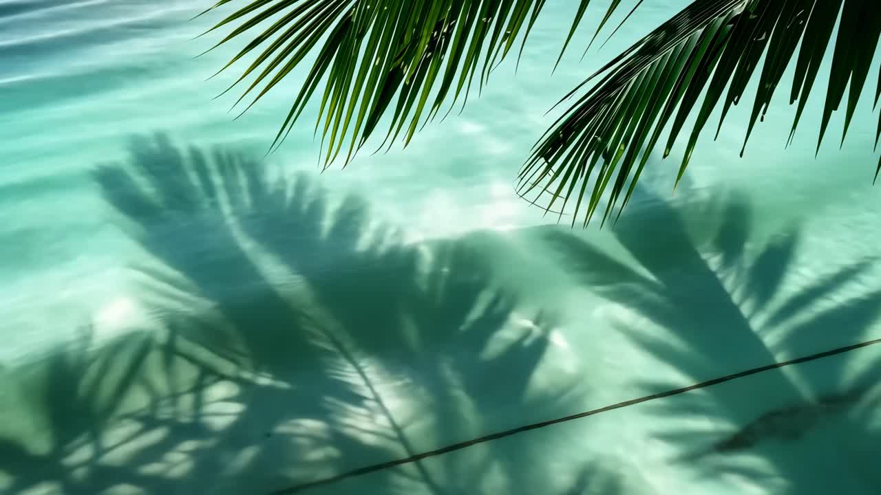 Top-down video shot of palm leaves casting shadows on turquoise water, creating a serene, tropical