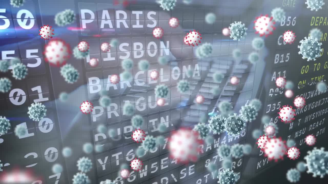 animación de células de covid 19 sobre el tipo de persona y el tablero de vuelo del aeropuerto