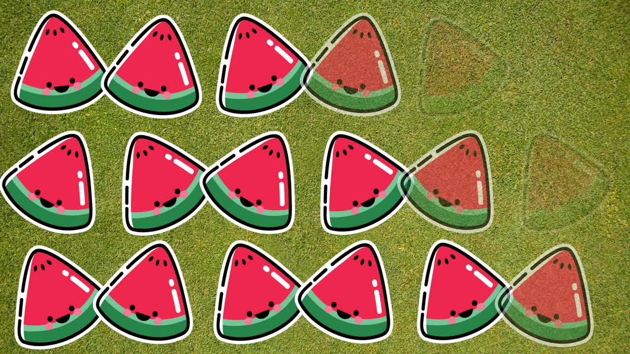 Animation of single watermelons floating on green background