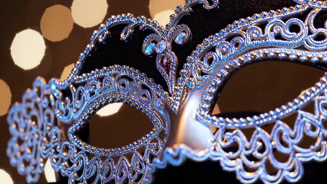 Maschera da carnevale ornata con gioielli e luci bokeh.