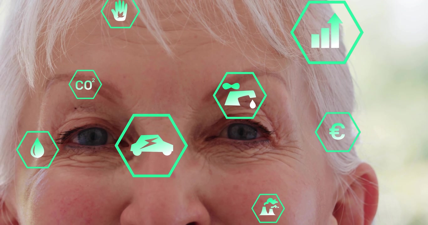 Senior woman gazing and exploring AR green data with pulsing CO?, electric car, water droplet icons