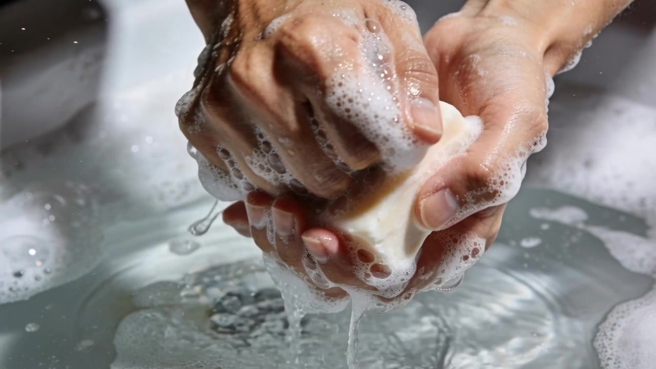 Hænder holder bleg sæbe, gnider, skaber tykt skum til håndvask ved vasken, drypper.