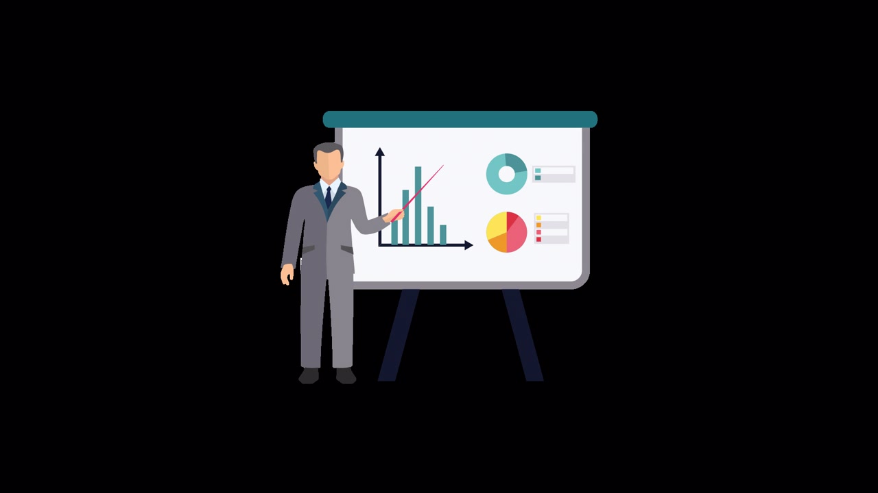 Animated Businessman Presenting Data Charts on Whiteboard