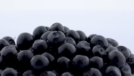macro of several blueberries rotating on the on the turntable isolated on the white background. close up.