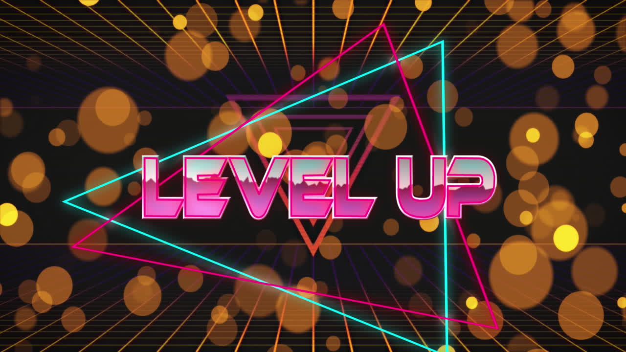 레벨 업 텍스트와 삼각형의 그리드 및 렌즈 플레어에 대한 애니메이션