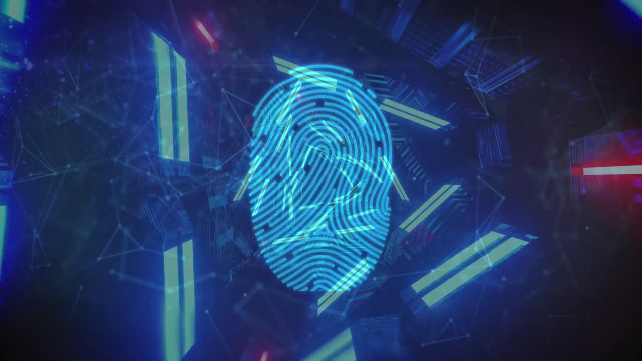 huella digital biométrica sobre un túnel brillante girando contra la red de conexiones