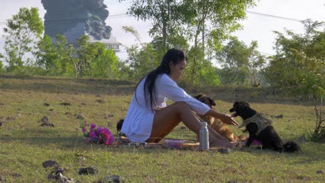 mujer asiática con vestido blanco teniendo un picnic con sus dos perros en un césped