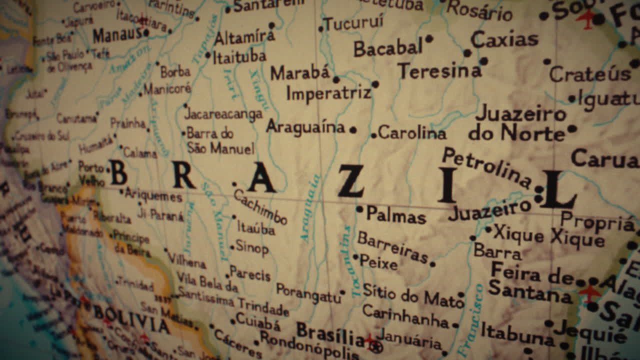 Close-up view of a map showing Brazil