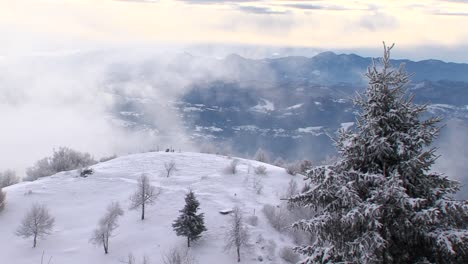 Paisaje-Invernal-Con-Colinas-Nevadas,-Abeto-En-Primer-Plano-Y-Neblina-Pasando