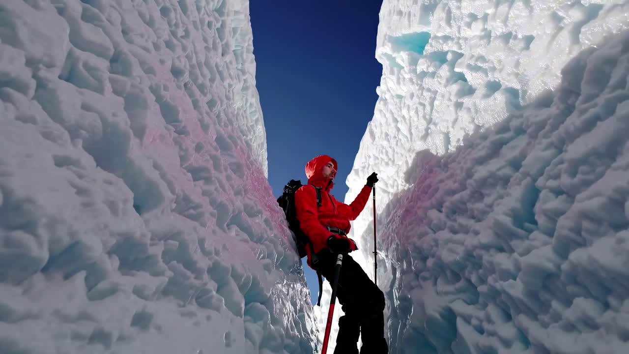 A low-angle video shot of a climber in a red jacket navigating a narrow icy crevasse