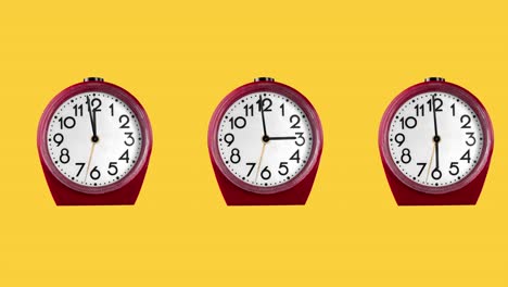 seamless looping animation with one row of classic red plastic alarm clocks with big numerals on a yellow background