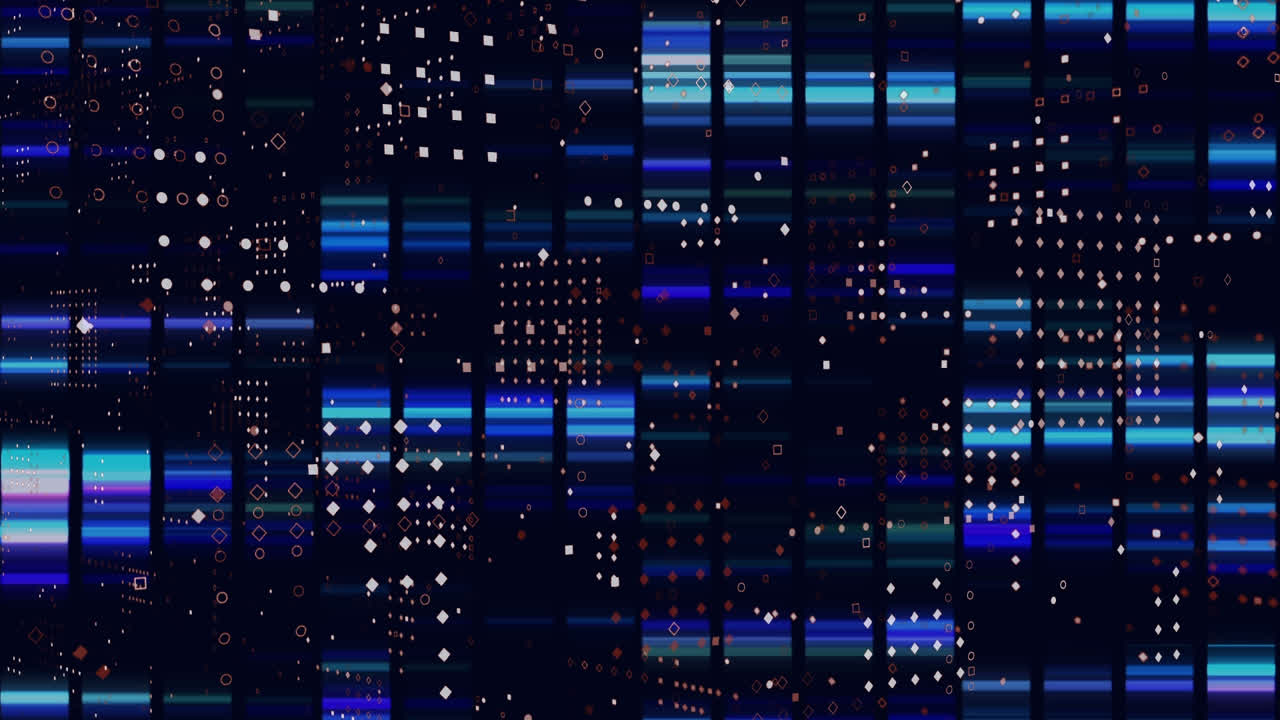 animação de diamantes de néon roxos e azuis sobre grade digital amarela movendo-se em preto
