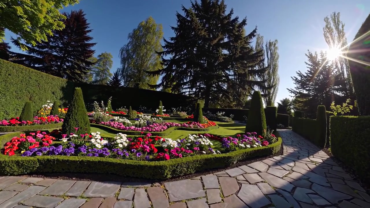 Giardino formale splendidamente curato con fiori colorati e sentiero in pietra