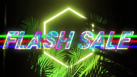 Animation-of-colourful-flash-sale-text-and-hexagon-in-yellow-neon,-with-palm-leaves-on-black