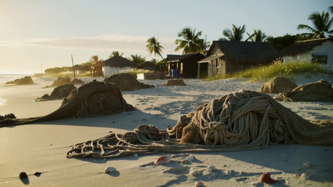 Moving camera approaching coiled fishing net on sandy beach, framing huts, shells, palms