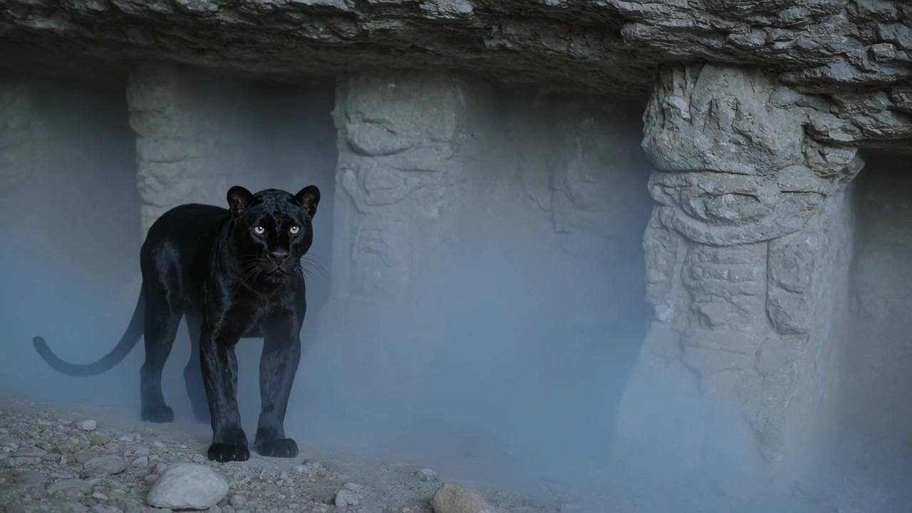 Emerging black panther moving forward from shadowed rocky alcove, investigating lens, copy space