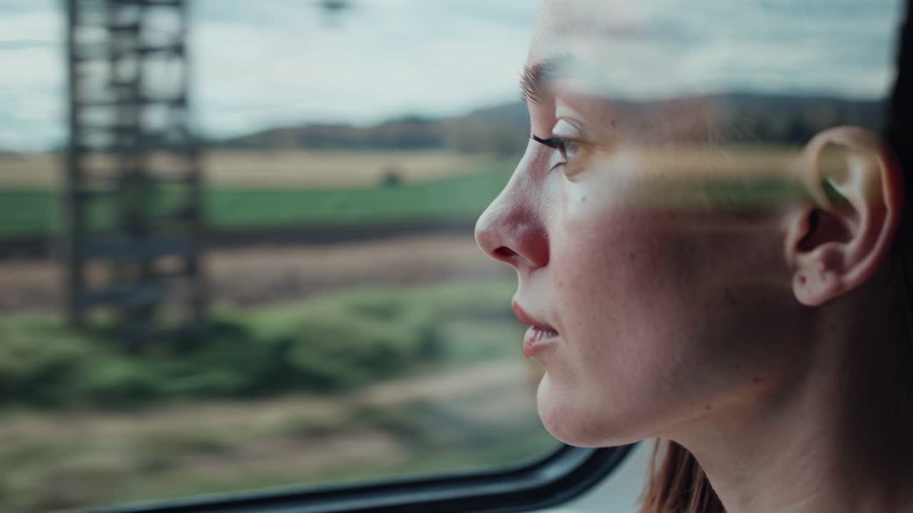 A contemplative side profile of a woman gazing out a window, shot from a close-up angle