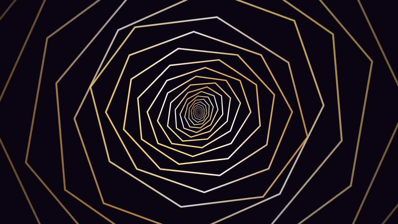 Animazione astratta di un tunnel a spirale geometrico dorato rotante
