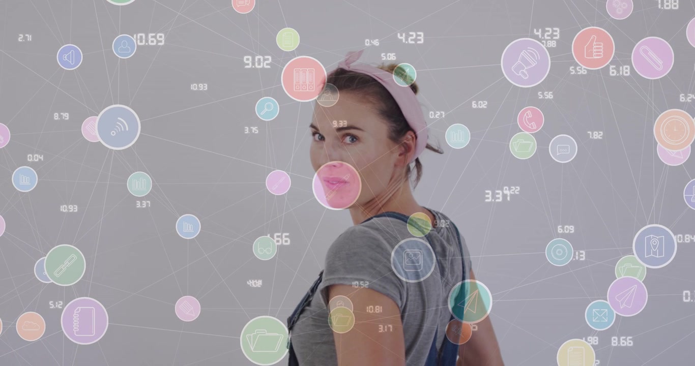 Animation of network of connections with icons over caucasian woman doing redecoration