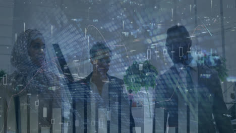 animation of financial graph over diverse businesspeople walking and talking