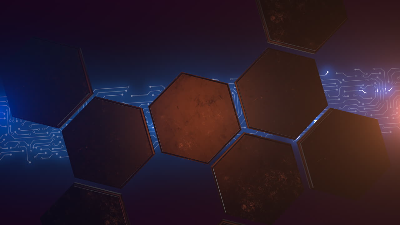fondo de animación cyberpunk con chip de computadora y cuadrícula hexagonal
