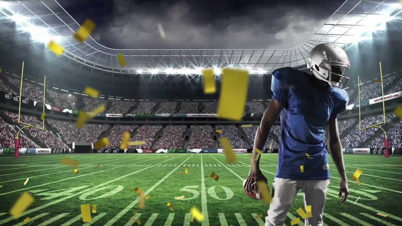 Animation of confetti falling over african american football player in stadium