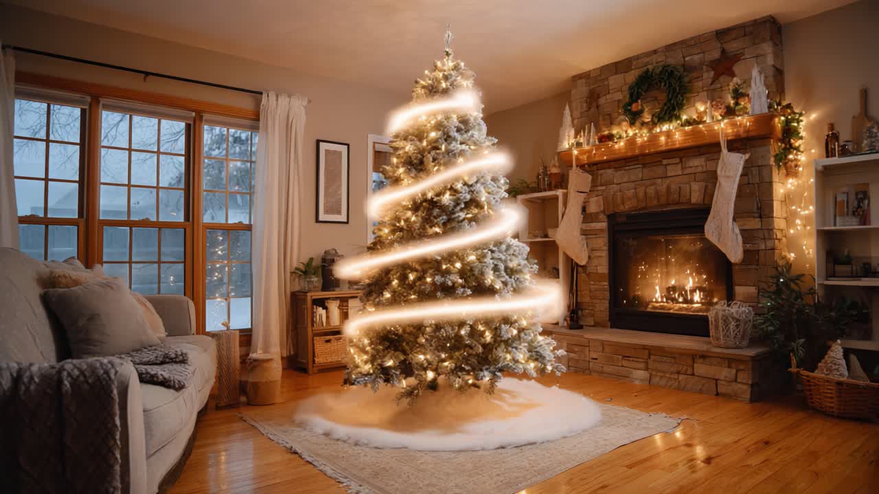 A Cozy Winter Scene Featuring a Beautifully Decorated Christmas Tree Illuminated with Warm Lights, Surrounded by a Homely Fireplace and a Winter Wonderland Outside