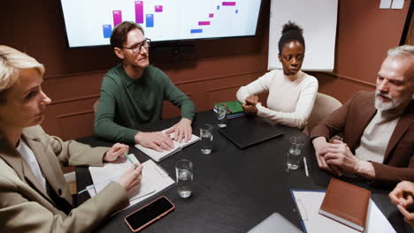 business meeting discussion in a conference room with presentation