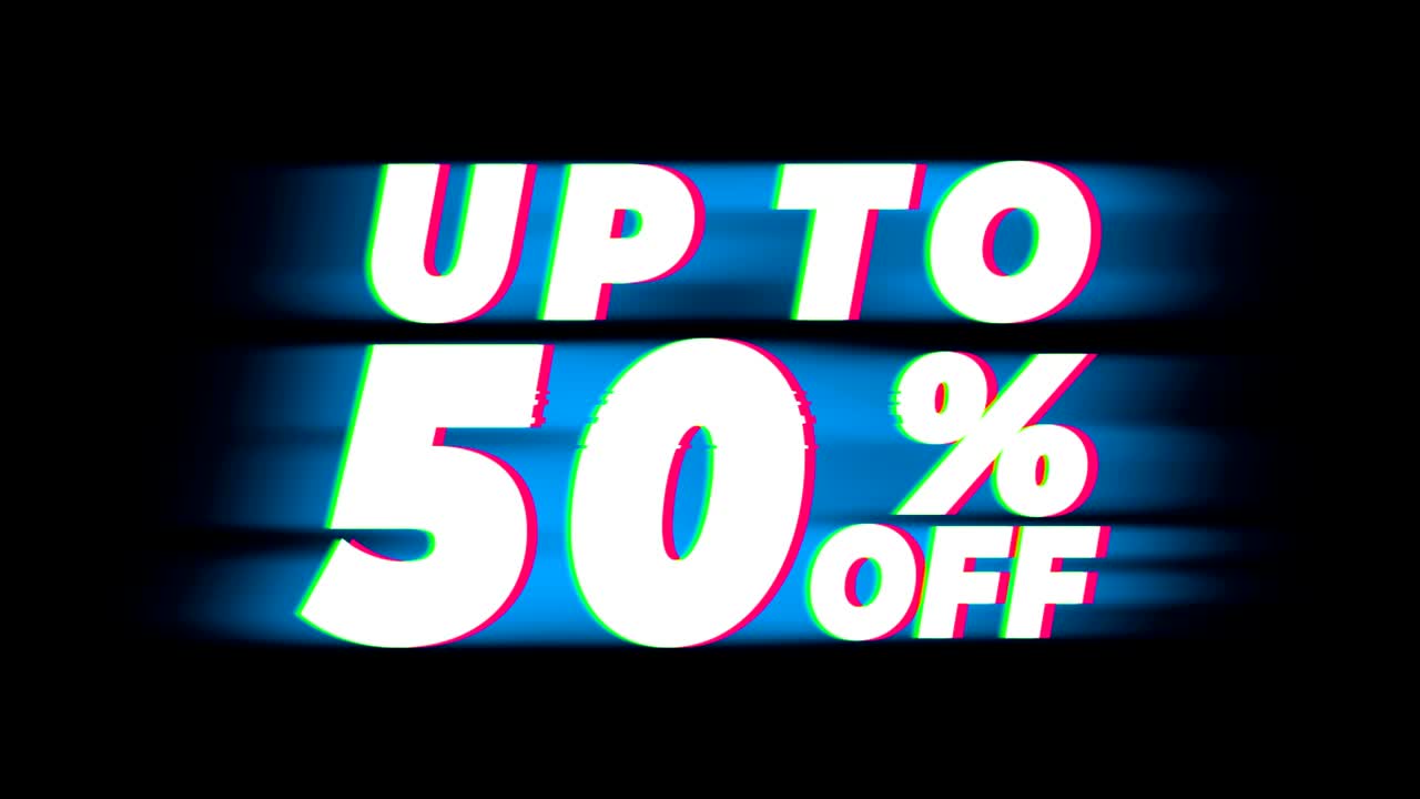 hasta un 50% de descuento en el texto de la promoción de efectos de glitch vintage.