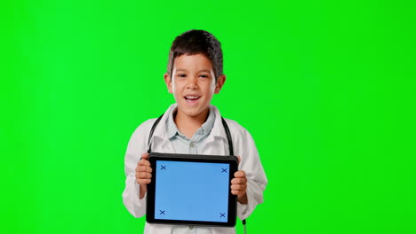 Doctor,-kid-and-tablet-with-mockup-green-screen