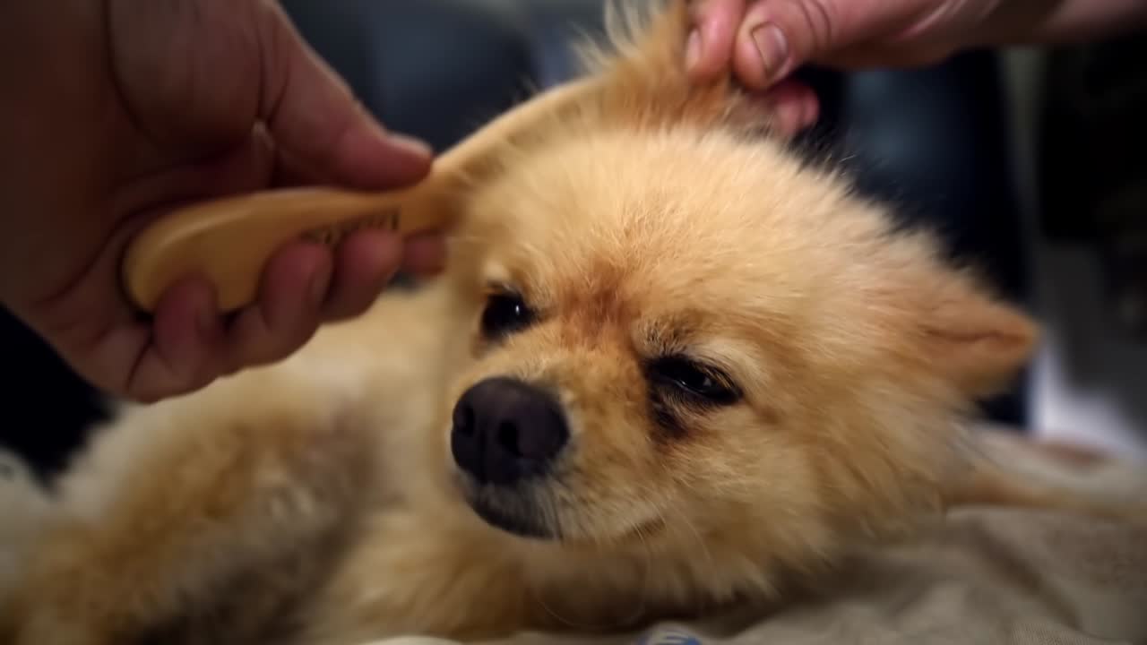 Woman's hands caressing and combing with hairbrush a small pomeranian spitz on the sofa. Slow motion. Close up